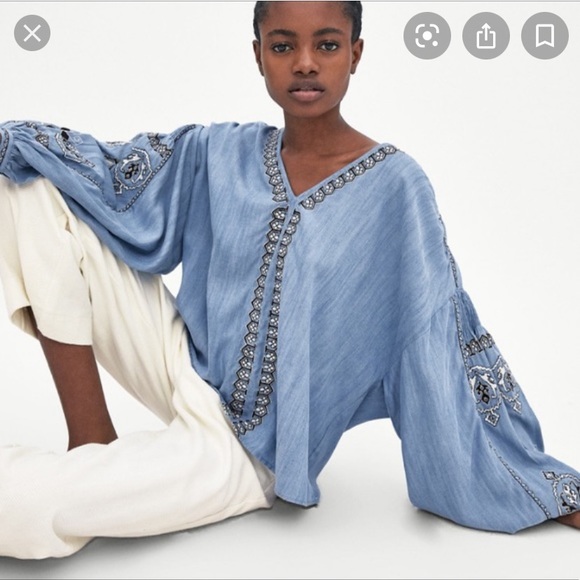 Zara Tops - Zara embroidered blue chambray denim top m
